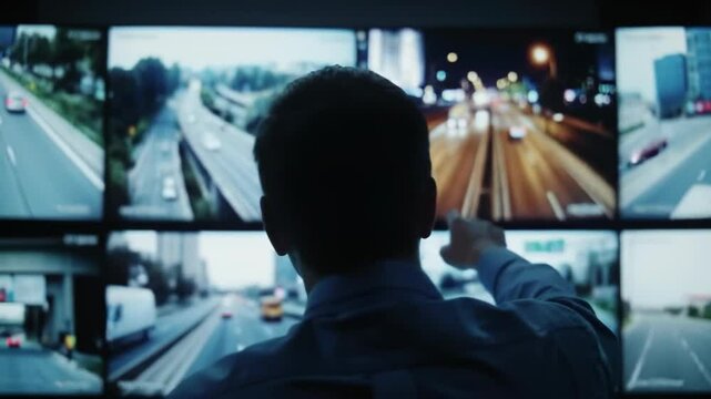 Silhouette of security officer monitoring multiple traffic camera screens, city surveillance control room, urban safety monitoring system