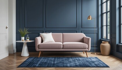 A chic living room showcases a light pink couch against a dark blue wall, accompanied by a sleek lamp and contemporary decor