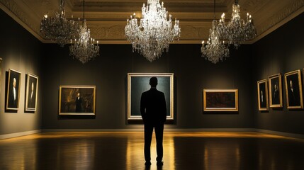 Lottery jackpot winner attending an exclusive art auction. Featuring culture and wealth