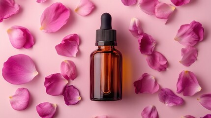 Amber bottle of essential oil sits amidst pink rose petals on a pink background. Perfect for beauty, spa, or aromatherapy product promotions.