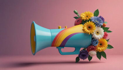 Megaphone with flowers in a creative composition for marketing and social media design