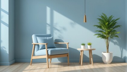 Fototapeta premium A tranquil corner features a light blue armchair with matching cushions beside a minimalist wooden table. Bright sunlight highlights a leafy plant and two small pots on the table