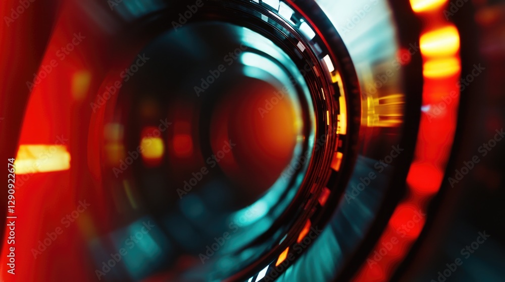 Poster A close-up shot of a camera lens with a blurred background, ideal for use in photography-related compositions or as a metaphorical representation