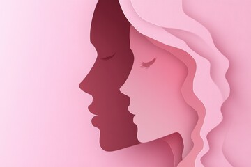 A portrait of a woman's face against a pink background