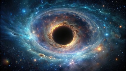 Dark and mysterious galaxy background with a black hole at center, cosmic, gravitational pull, celestial