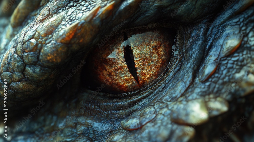 Poster a close-up view of a dragon's eye with scales and pupil visible