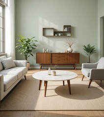 Sunlight pours into a stylish living room featuring a cozy sofa, a sleek coffee table, and elegant decor. A warm color palette enhances the tranquil atmosphere, creating a perfect retreat