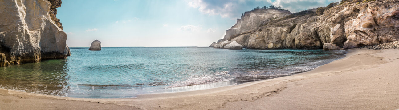 Panoramic view of beach Gerontas on Milos Island, Greece