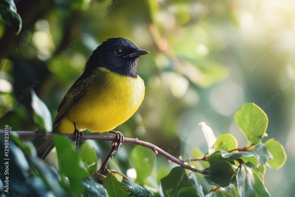 Poster a bird with yellow and black feathers sits on a branch, looking around