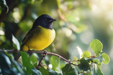 Obraz premium A bird with yellow and black feathers sits on a branch, looking around