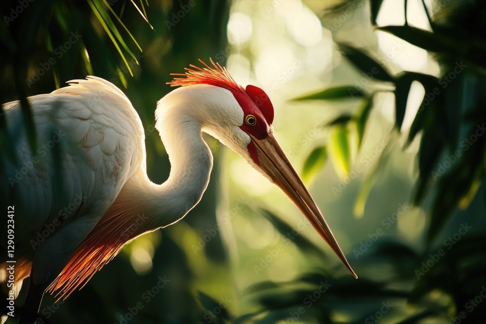 Poster a white bird with distinctive red head and long beak perched on a branch