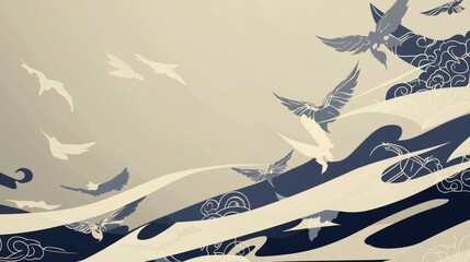 Obraz premium Serene Flight Abstract Birds in Motion Over Wavy Landscape