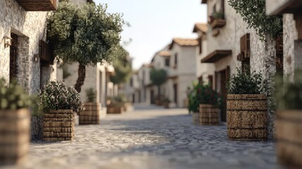 Charming cobblestone street, Mediterranean village, sunny day, tourism