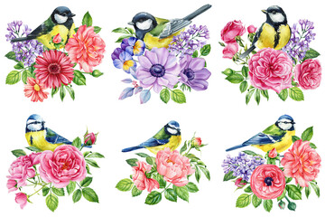 watercolor birds and flowers illustration, hand painted nature design, floral bouquet with songbirds isolated clipart
