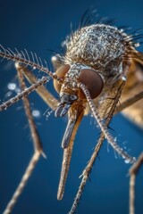 A close-up view of a mosquito's head with intricate details