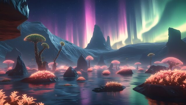 AI GENERATE, futuristic alien planet with glowing flora, floating rocks, and an aurora. purpose for background. 