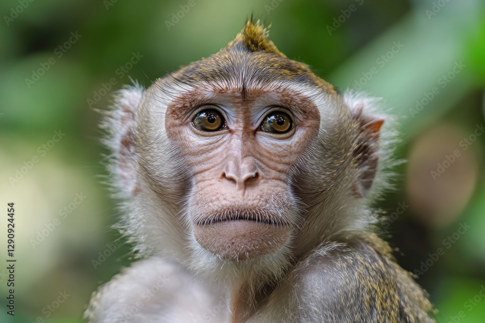 Poster close-up shot of a curious monkey gazing directly at the lens
