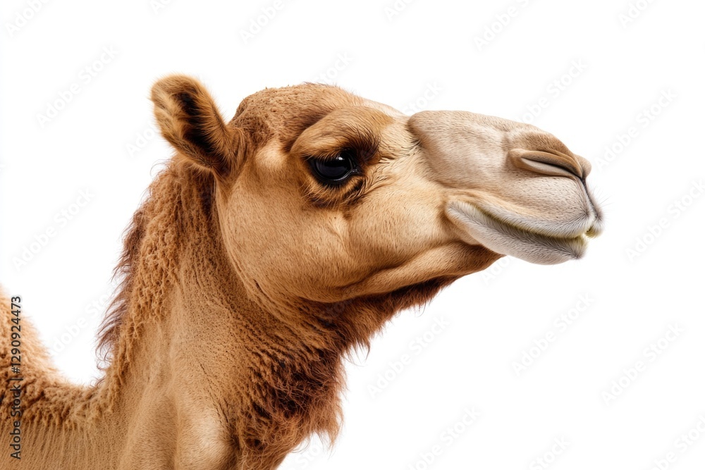 Poster a close-up view of a camel's face on a white background