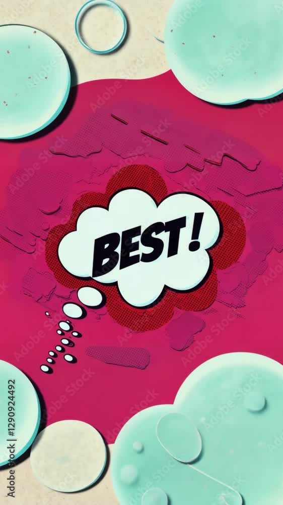 Poster A pink and blue background with a large bubble that says 