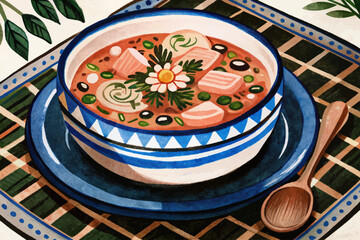 healthy soup in a bowl with vegetables cartoon illustration