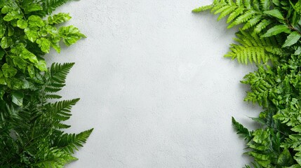 Lush green ferns frame grey background; nature backdrop