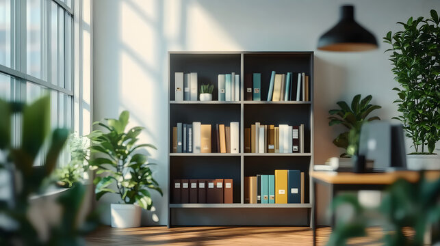 A zoom background photo of a minimalist modern office with a bookshelf and plants