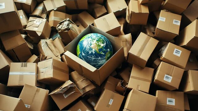A earth planet globe in cardboard box surrounded by heap of stacked cardboard boxes	
