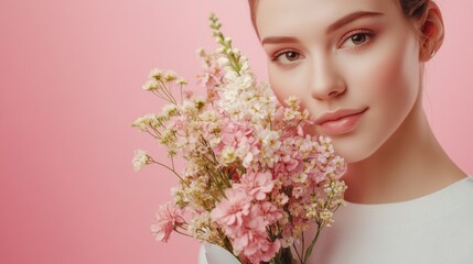 Fototapeta premium A woman holds a bouquet of flowers in front of her face, hiding behind the petals