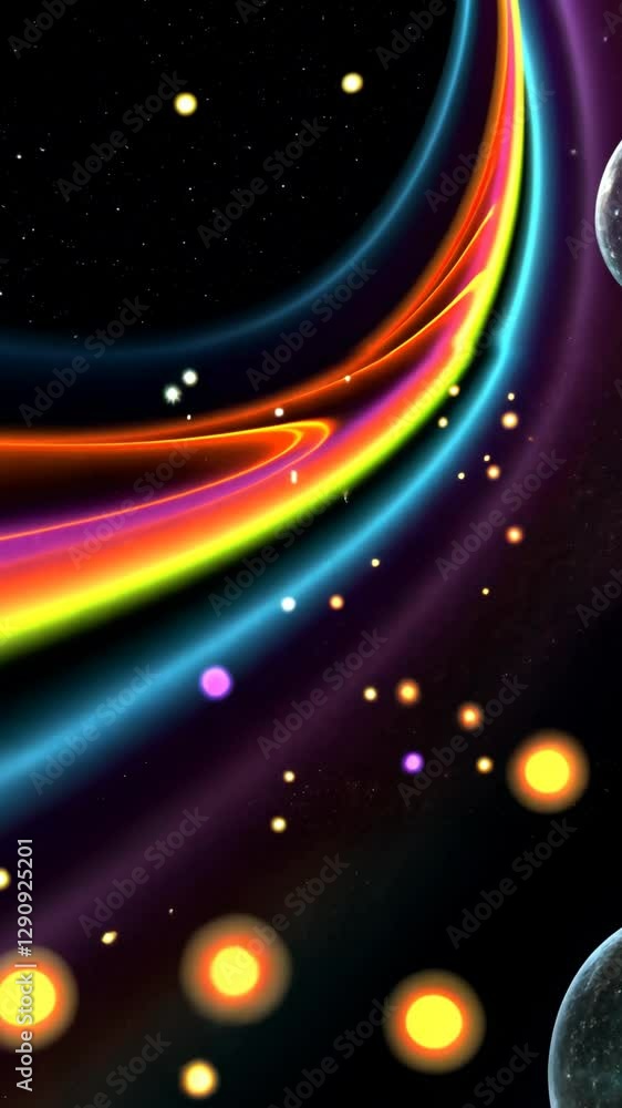 Poster A colorful rainbow is shown in the background of a black and white image. There are also several small, colorful spheres scattered throughout the image