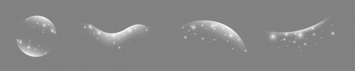 Magical glowing sparkle swirl trail effect isolated on transparent background. Bokeh glitter wave line with flying sparkling flash bulbs. Vector illustration