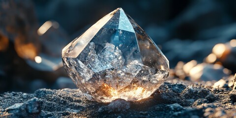Obraz premium Large faceted quartz crystal glowing on dark ground