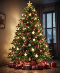 Decorated Christmas tree with ornaments and lights , festive, decorated, winter wonderland