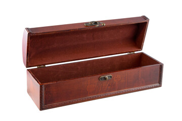Ancient wooden opened chest made in the shape of rectangle  with lock for hiding treasures or jewerly on the separated white background.