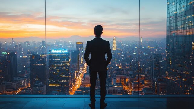 Man gazing out at a cityscape, capturing the essence of urban life and reflecting on dreams and aspirations