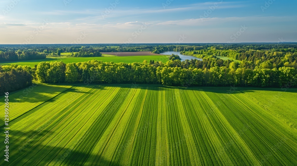 Poster aerial view of a farm landscape with a river running through, lush fields and clear skies providing 