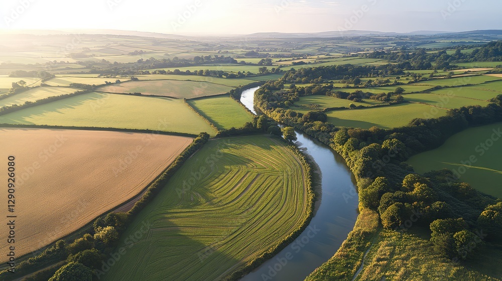 Poster aerial view of a farm landscape with a river running through, lush fields and clear skies providing 