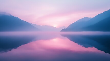 Fototapeta premium Misty sunrise over calm lake, mountains reflecting in water