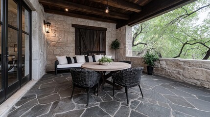 Stone patio furniture, outdoor seating, tranquil garden view, relaxation
