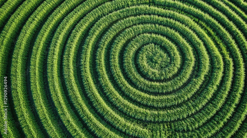Poster aerial view of circular crop fields using advanced irrigation technology, symmetry in farming with r