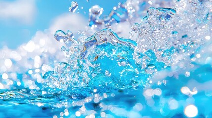 Sparkling water splashes, sunny sky background, summer refreshment, website banner