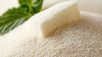 Close-up of gelatin powder and a piece, mint leaves in background.  Food photography