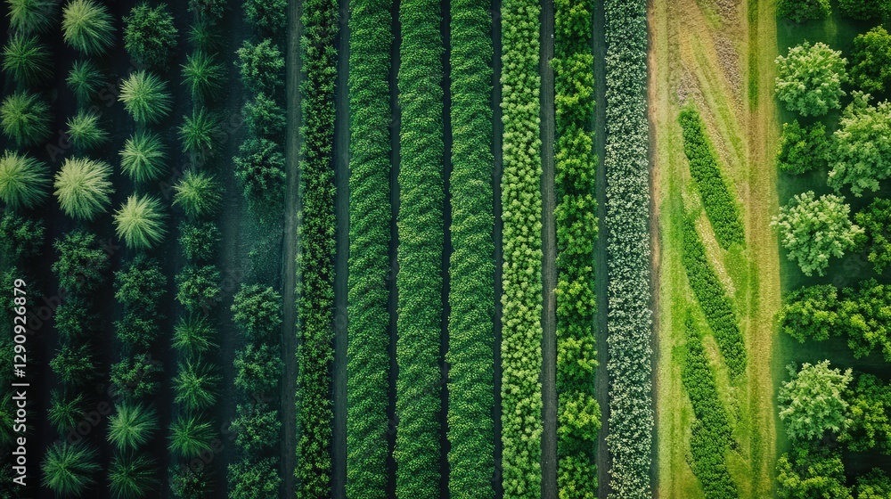 Poster aerial view of smart irrigation systems creating geometric patterns in a large farm, high-tech farmi