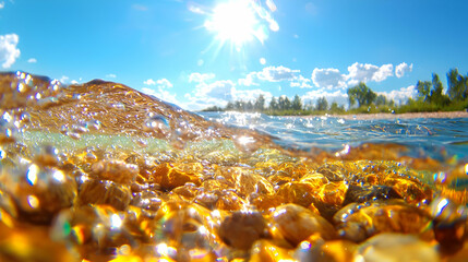 Sunny day, river rocks underwater, shoreline trees, summer