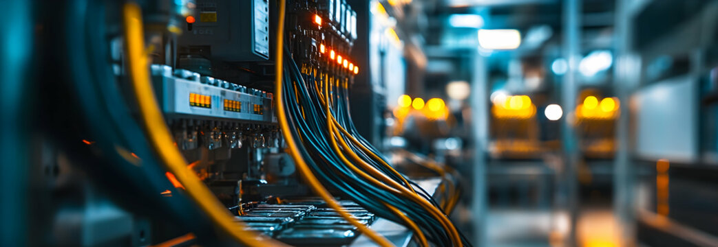 Detailed perspective of a systematically arranged electrical wiring harness in an industrial environment