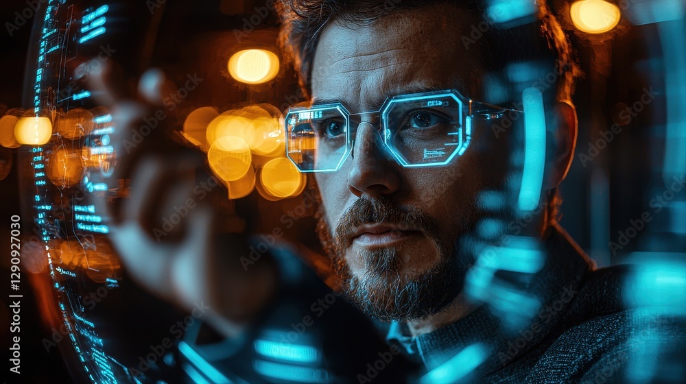 Poster a focused man with glasses staring directly at the camera with a thoughtful expression in a casual y