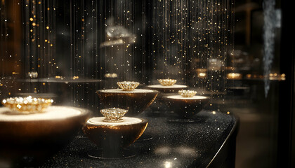 Diamond rings on velvet holders in a luxury jewelry store window, illuminated to emphasize their sparkle