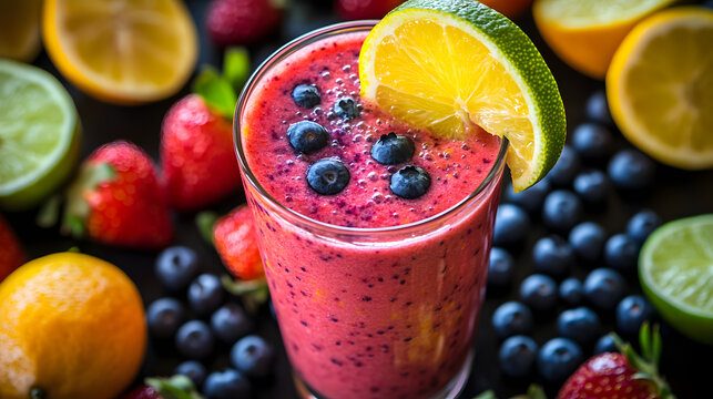 A citrus and berry infused smoothie with orange, lemon, lime, and fresh strawberries and blueberries blended together.A citrus and berry infused smoothie with orange, lemon, lime, and fresh strawberri