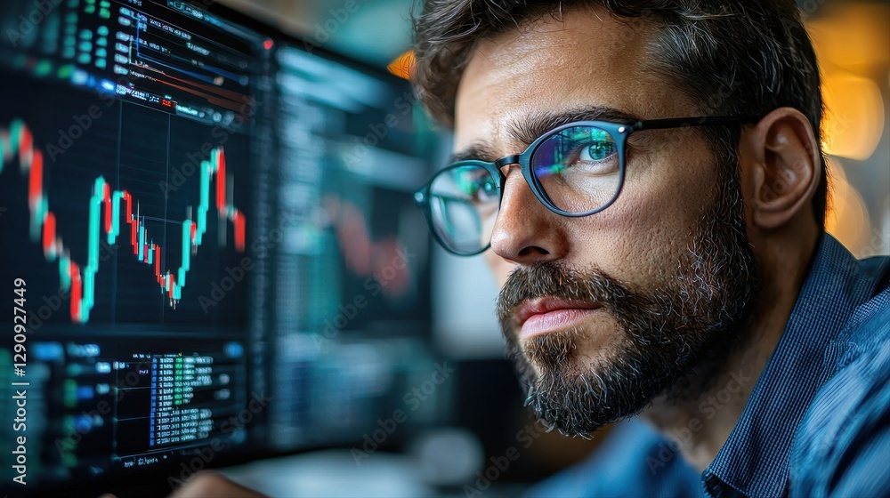 Aufkleber intellectual man with glasses deeply engaged in work while looking at a computer screen in a bright 