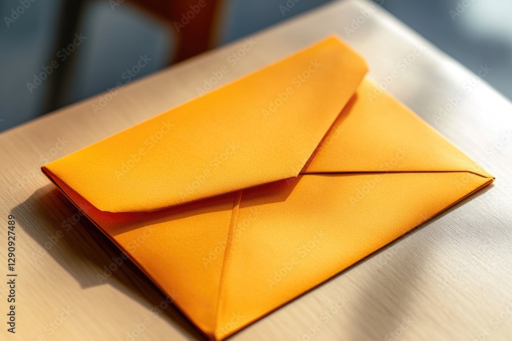 Poster a simple orange envelope sits on top of a wooden table, ready to be opened