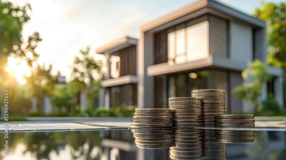Poster close-up of a house with a stack of coins symbolizing wealth accumulation and home ownership investm